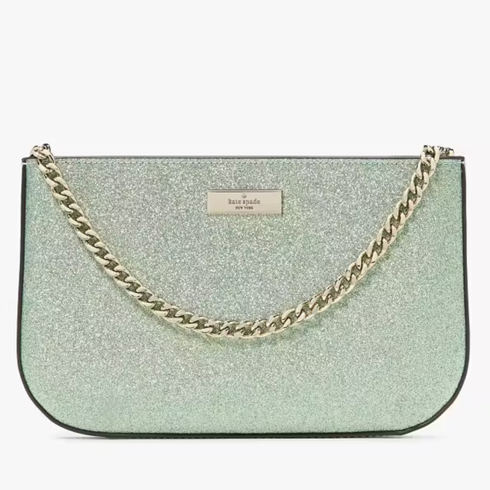 KATE SPADE Kenzie Glitter Lilly Pochette in Seawater Green w/ Gold Hardware NWT